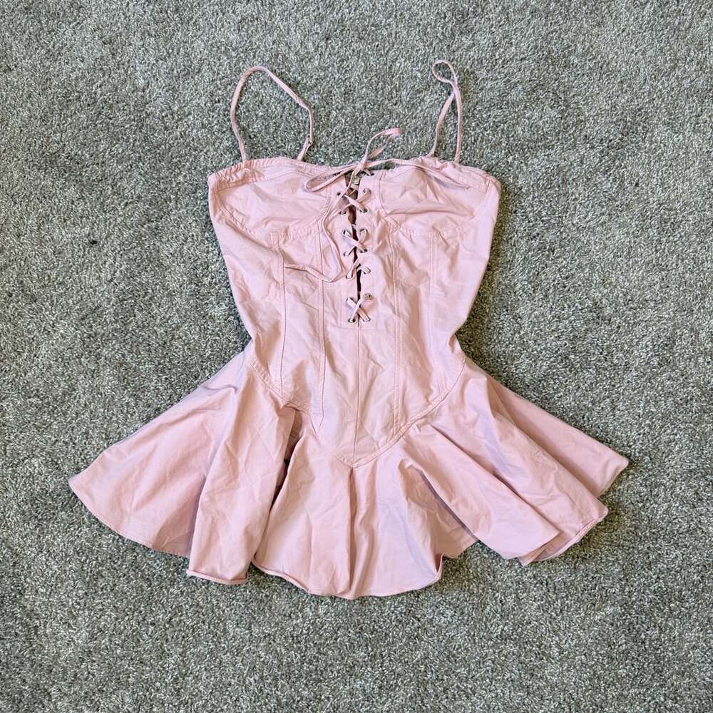 Pink Lace-Up Peplum Corset Bodysuit Balletcore Coquette Barbiecore Cosplay M
